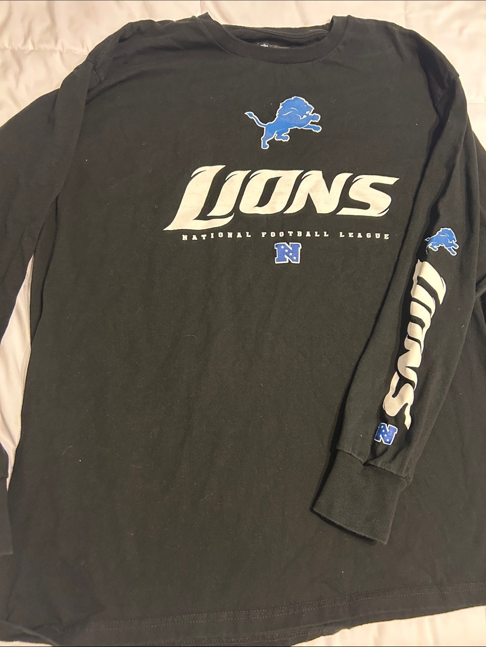 NFL Detroit Lions Black Long Sleeve Logo Tee with Blue and White Accents
